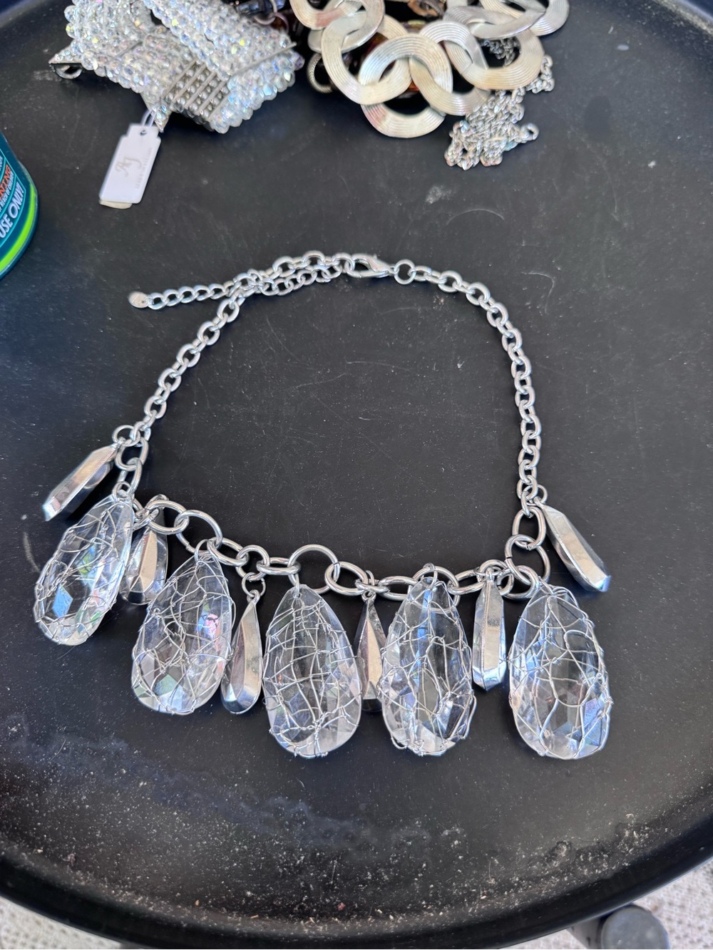 Silver Crystal Teardrop Statement Necklace - Clear